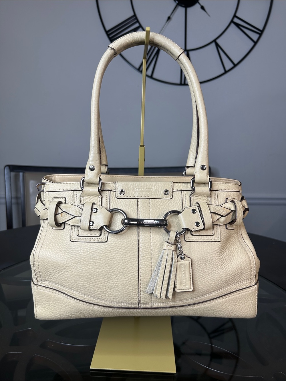Y2K Coach Hamptons Leather Braided Horsebit Satchel Cream Beige Shoulder Bag